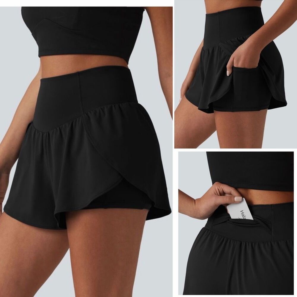 HALARA Black High Waisted Tummy Control Curved Hem 3” Yoga Shorts-12/L {NWT}